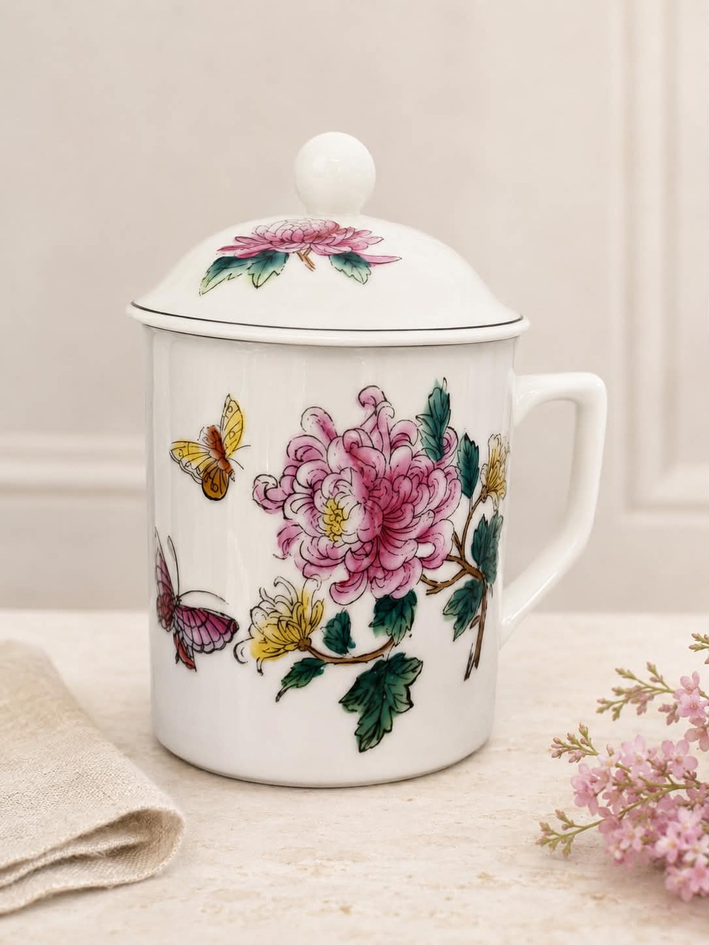 Vintage Chinese Porcelain Lidded Tea Mug Floral Butterfly Asian China 6" Mint!